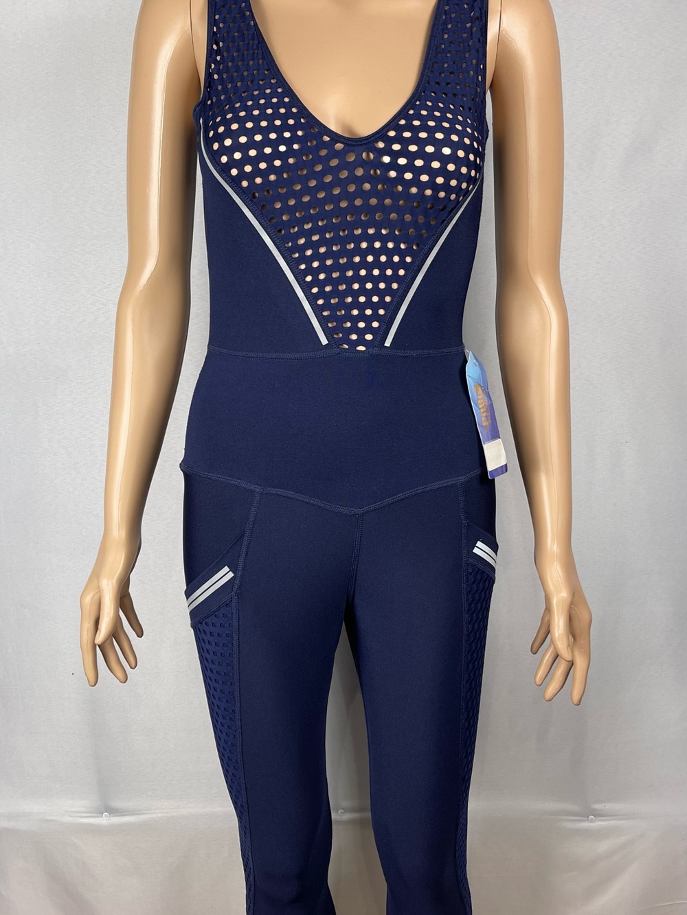 Navy Mesh-Paneled Active Jumpsuit